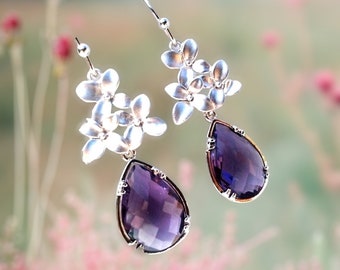 Amethyst Purple Flower Earrings: Silver Bridal Jewelry