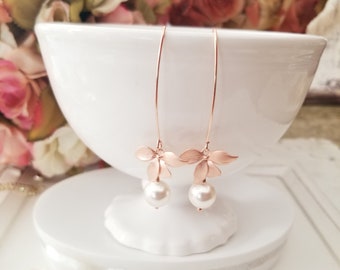 Rose Gold Orchid Earrings: Swarovski Pearl Floral Dangle