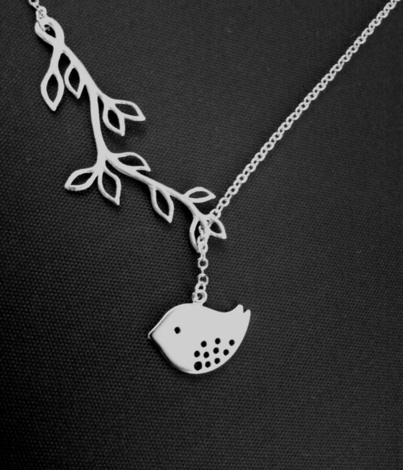 SALE Bird and Branch Lariat Necklace Bird charm, Leaf Pendant Necklace,wedding jewelry Bridal necklace mothers day gifts image 1