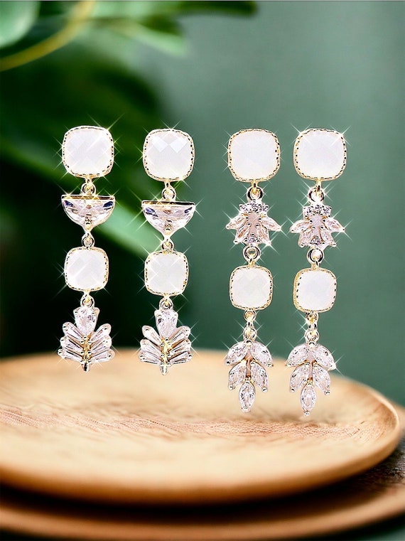 White Opal Gold Dangle Earrings: Art Deco Bridal Jewelry