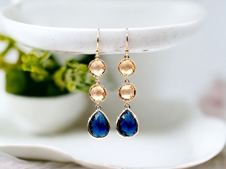 Sapphire Earrings champagne Gold Earrings Navy blue Earrings Bridal Earrings Wedding Bridesmaid Earring Mom Jewelry Mothers day gift for mom image 1