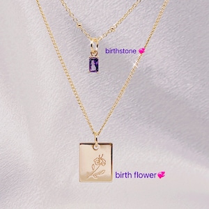 Gold Birthstone Birth Flower Necklace Set - Personalized Layering Jewelry