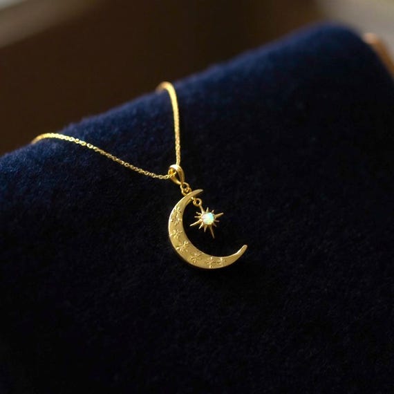 月と星のネックレス 14Kゴールド 天体ペンダントネックレス オパール