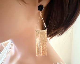 Onyx Tassel earrings, Fringe Tassel Earrings, Gold Long Chain Tassel earrings, Jewelry gift for her