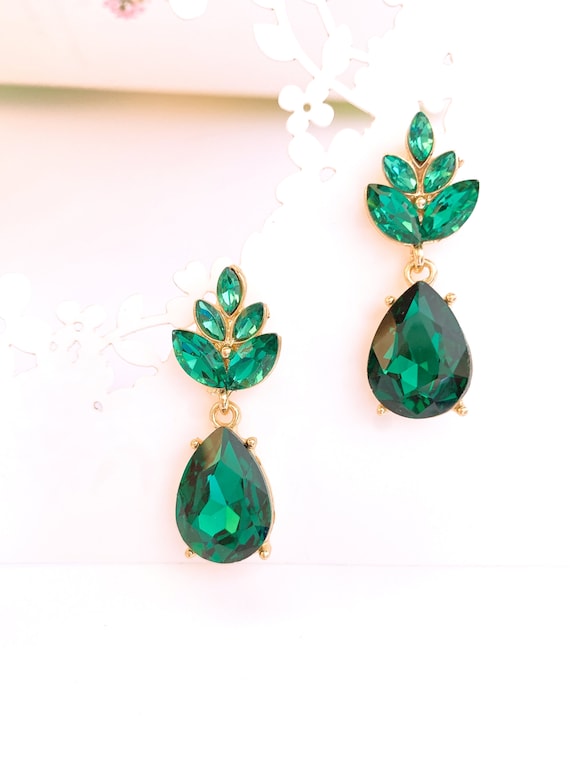 Vintage Emerald Leaf Dangle Earrings: Gold Bridal Jewelry