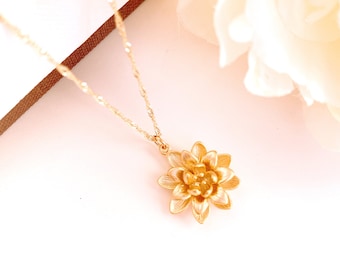 Lotus Flower Necklace, Gold Lotus Blossom Necklace, Bridesmaid Gift, Gold Pendant necklace, Gifts for mothers, Gift for her, Gift for woman