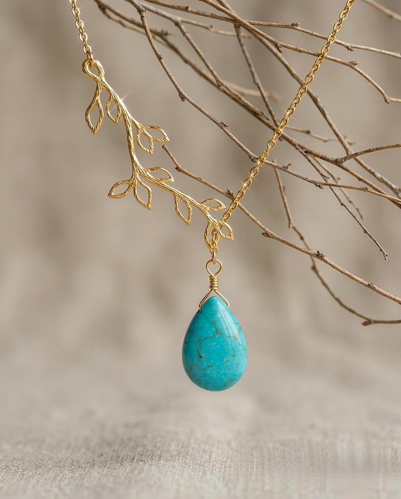 Turquoise Necklace: 14K Gold Jewelry turquoise Earrings, Leaf Bracelet, Family Tree necklaces Birthday gift image 4