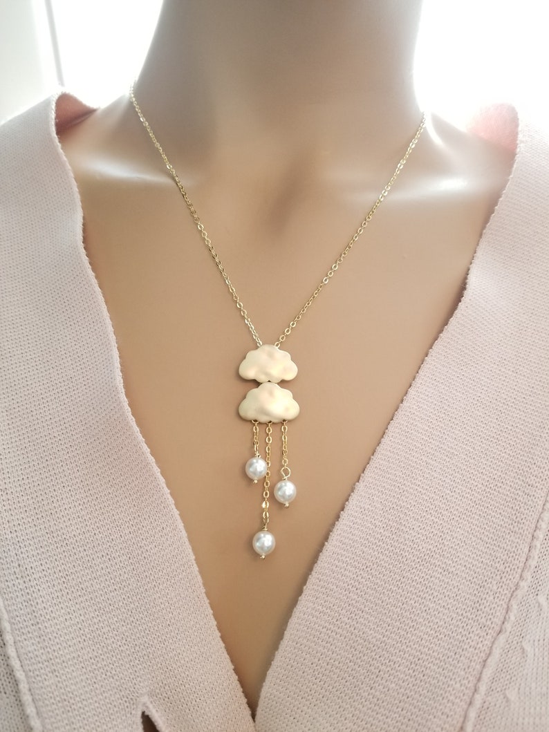 Cloud with Pearl pendant Necklace cloud charm necklace, gold, everyday jewelry, friend gift, Rainy day mothers day gifts image 1