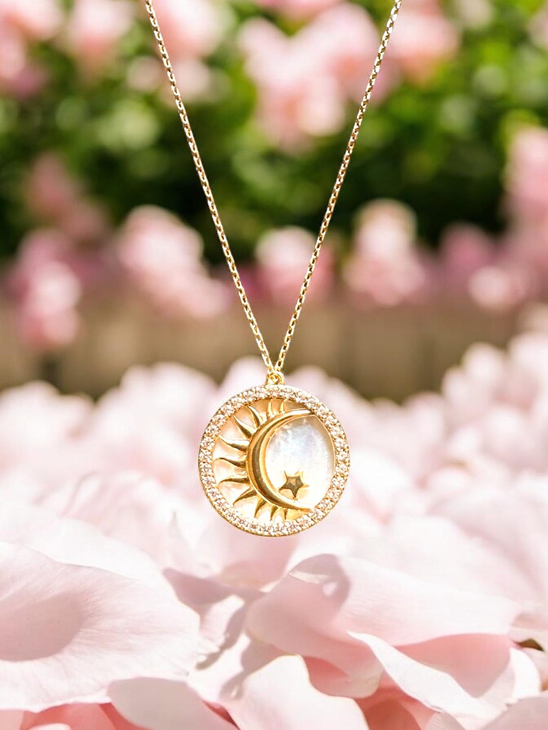 Mother of Pearl Sun and Moon Necklace, Star Gold Celestial Jewelry