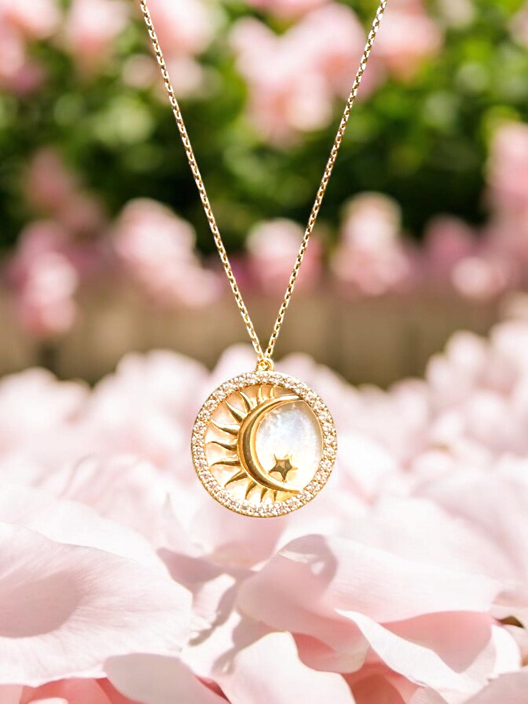 Mother of Pearl Sun and Moon Necklace, Star Gold Celestial Jewelry