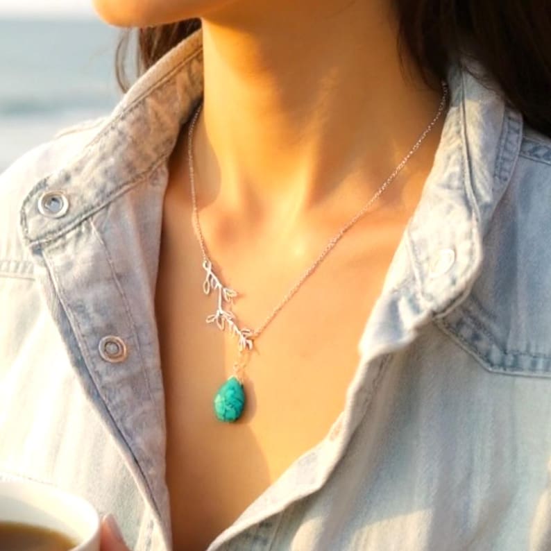 Turquoise Necklace: 14K Gold Jewelry turquoise Earrings, Leaf Bracelet, Family Tree necklaces Birthday gift image 5