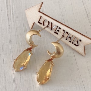 Gold Crescent Moon Dangle Earrings: Peach Champagne Water Drop