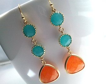 Orange Earrings, Turquoise Gold earrings for women Gemstone Earrings, Bridal earrings, Mom Jewelry Mothers Day gift for mom