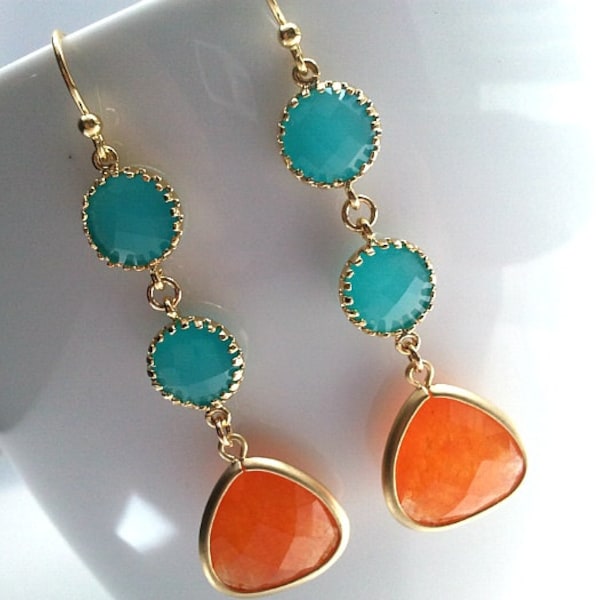 Orange Earrings, Turquoise Gold earrings for women Gemstone Earrings, Bridal earrings, Mom Jewelry Mothers Day gift for mom