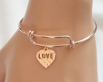 Rose Gold Bangle Bracelet, HEART Bracelet, LOVE Bracelet, friendship, Valentine Bracelet, Bridesmaid Gift