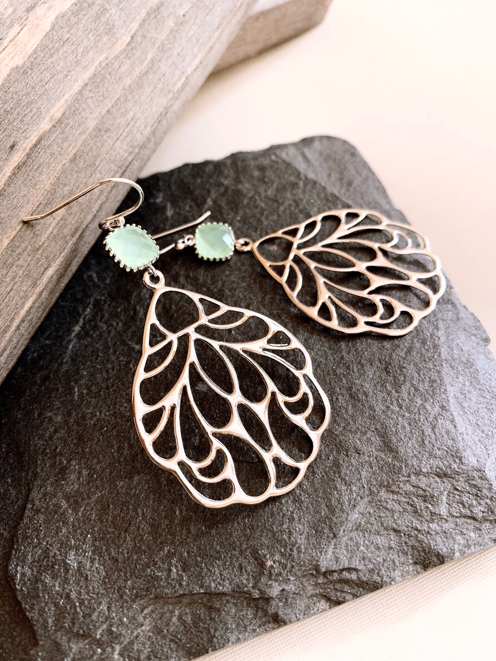 Feather Earrings Oriental Fan Style Earrings Mint Earrings Etsy