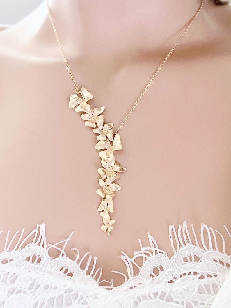 Wild Orchid Flower Necklace Flower Gold Statement Necklace for women Bridesmaid Gift Personalized gift for Mom Jewelry Mothers day gift image 4