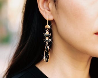 Black Marble Stone Dangle Earrings: Gold Plated Brass, Modern Gift