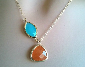 Orange and Mint Blue Necklace, Orange Gold Necklace for women, Gold Jewelry gift for her, Gold Necklace for girlfriend Gift, Birthday Gifts