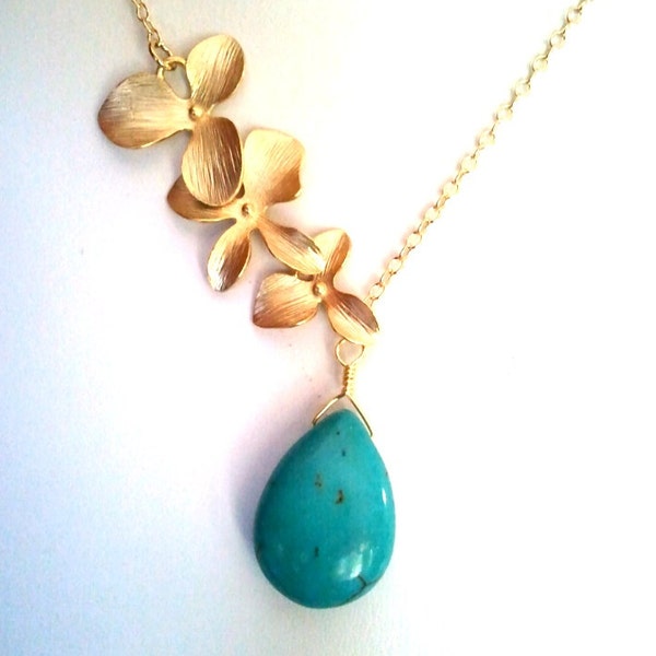 Turquoise Necklace Orchid Flower Statement Gold Necklace Best Handmade Jewelry gift for her Gift for mom Unique Bridesmaid Gift Wedding gift