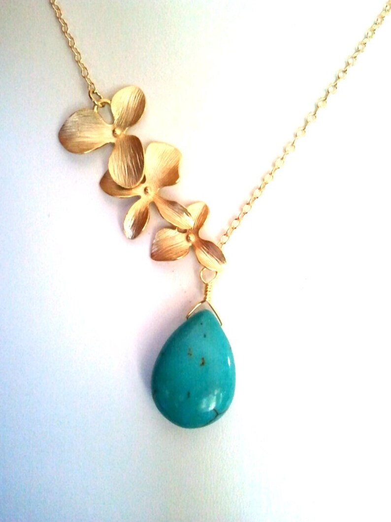 Turquoise Necklace Orchid Flower Statement Gold Necklace Best Handmade Jewelry gift for her Gift for mom Unique Bridesmaid Gift Wedding gift image 1