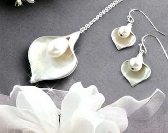Calla Halsketten Lilie Ohrring Blume Perle Schmuck Set: Floral Halskette & Ohrringe