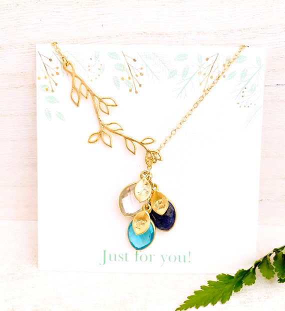 Birthstone Necklace for Mom Initial Necklaces: Gold Family Tree - Main Image