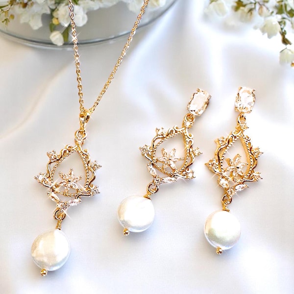 Bridal Pearl Earrings Freshwater Pearl Necklace Natural Pearl Bridal Earrings GOLD Bridal Jewelry Wedding Jewelry birthday gift for her