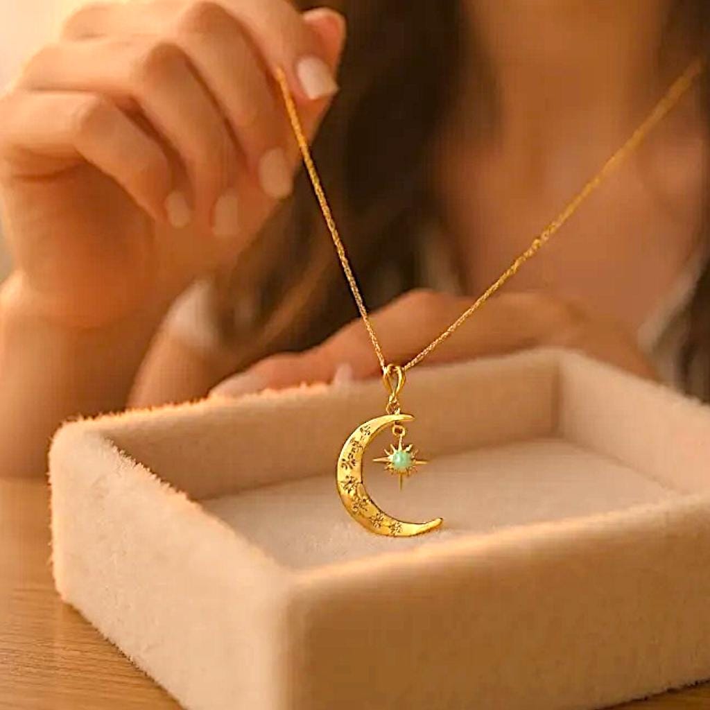 月と星のネックレス 14Kゴールド 天体ペンダントネックレス オパール