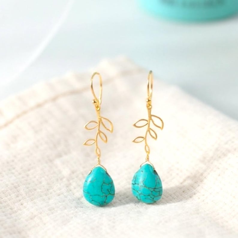 Turquoise Necklace: 14K Gold Jewelry turquoise Earrings, Leaf Bracelet, Family Tree necklaces Birthday gift image 13