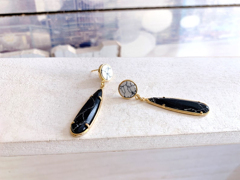 Marble Earrings Modern gold earrings Black earrings Black marble hook earrings Black gold earrings