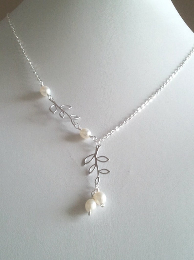 Leaves with Pearls Lariat Wedding Necklace, Handmade Gift Pearl Necklace wedding jewerly, statement necklace, Valentines Day Gifts for Her image 3