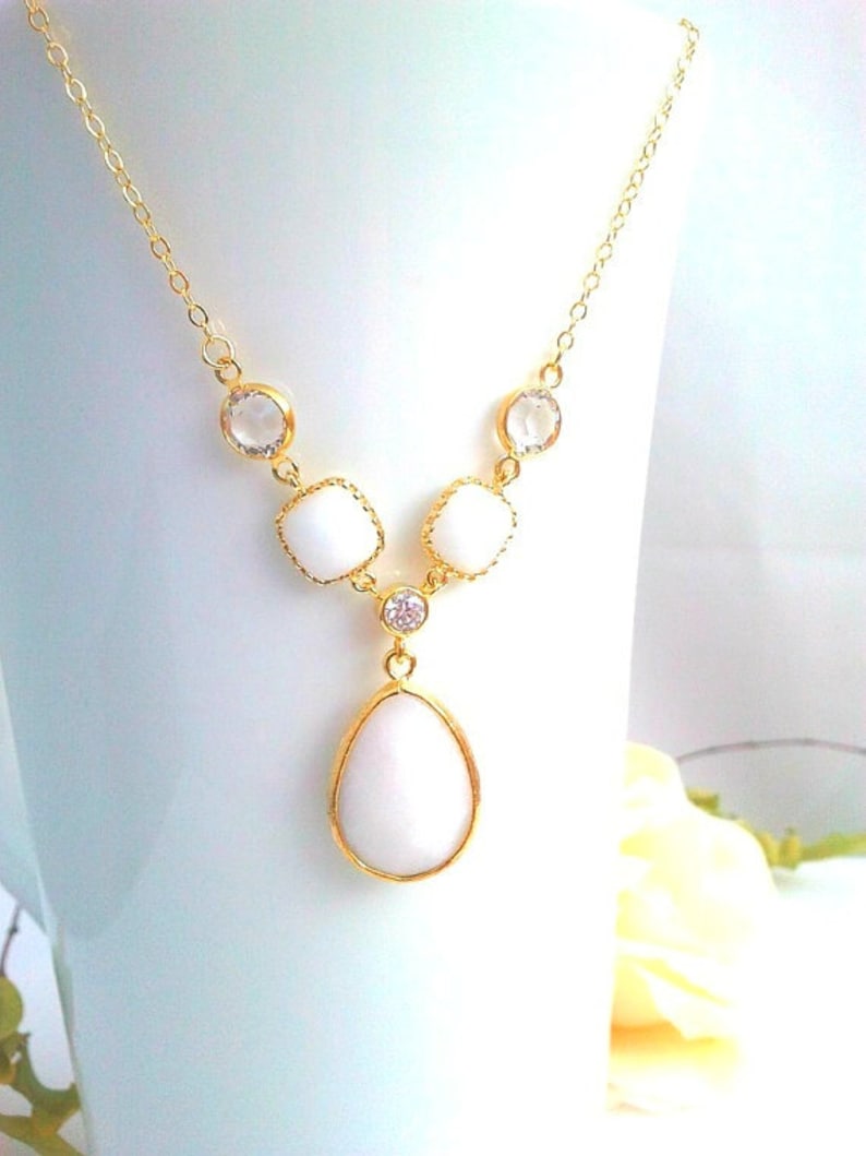 White Wedding Necklace, Statement Necklace, Pendant, Bridemaid Jewelry, white dangle earrings, Choke,Bridemaid Gift image 1