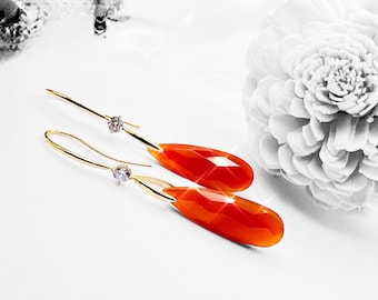Carnelian Stone Earrings, Orange Earrings, Orange Bridal earrings, Carnelian Gemstone Earrings, Gold earrings, Leaf earrings, Gift for her