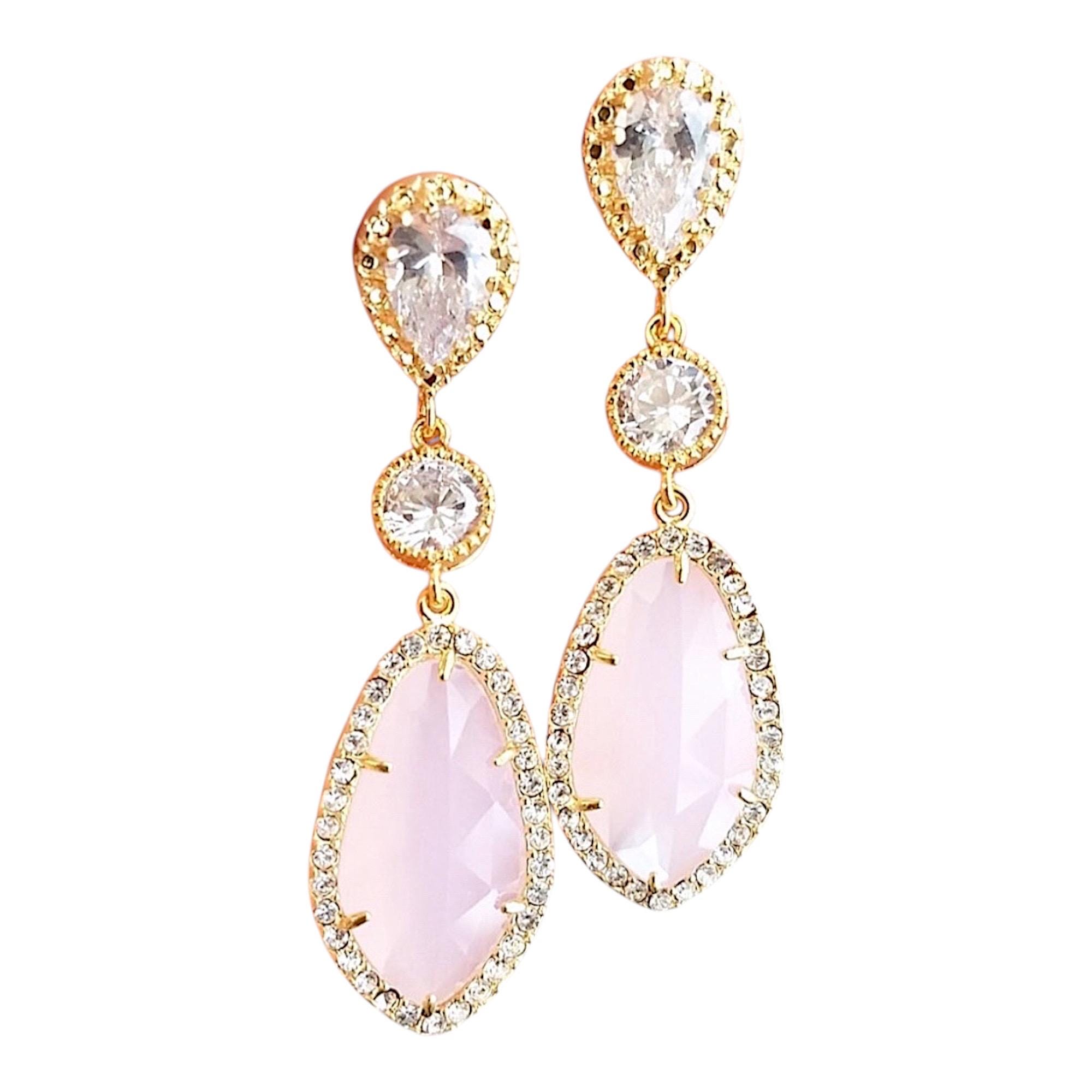 Blush Pink Bridal Earrings Gold Necklace: CZ pinkish opal Necklace Wedding Jewelry
