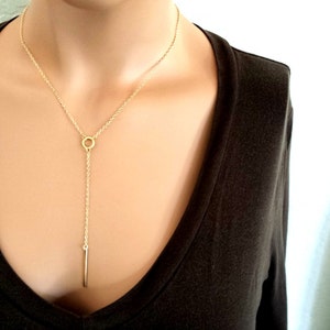 Gold BAR Necklace, Personalized Necklace, Lariat Necklace, Y Necklace, Pendant, Choker, Strand, Statement, Christmas GIFT for her image 2