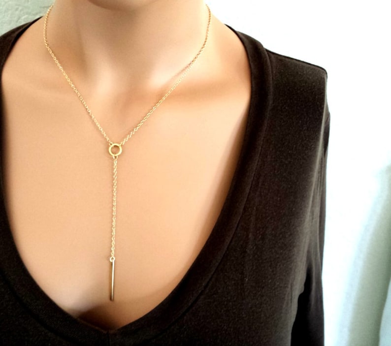 Gold BAR Necklace, Personalized Necklace, Lariat Necklace, Y Necklace, Pendant, Choker, Strand, Statement, Christmas GIFT for her image 2