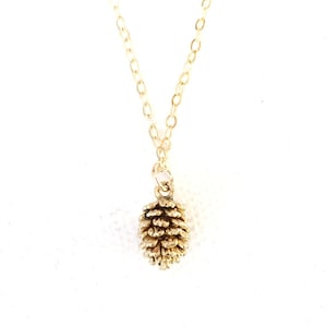 May include: A gold chain necklace with a small gold pine cone pendant.