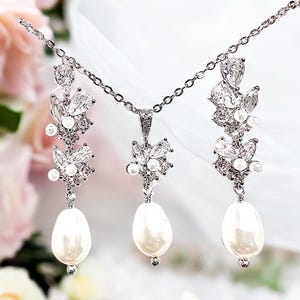 CZ Pearl Bridal Jewelry Set: Dangle Earrings & Necklace