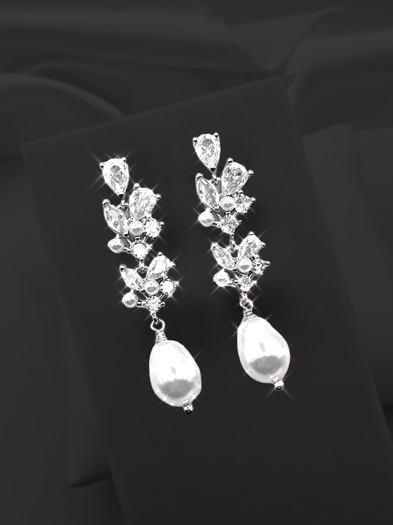 Bridal earrings Wedding jewelry Pearl earrings CZ AAA Wedding Statement Earrings, Bridal Dangle Earrings Bridal Jewelry Wedding Jewelry gift image 3