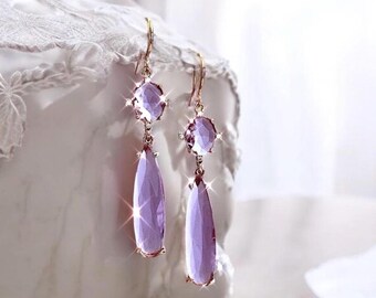 Handcrafted Lavender Teardrop Post Earrings – Light Purple Glass On Brass – Nickel-Free
