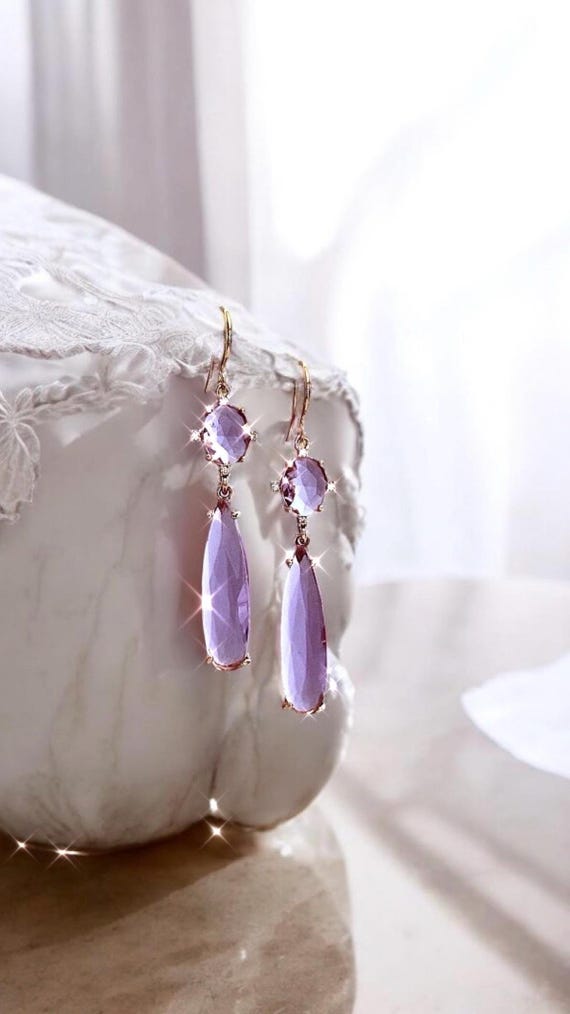 purple dress earrings Lavender Purple Drop Earrings: Lilac Earring Gold Bridal Wedding Jewelry