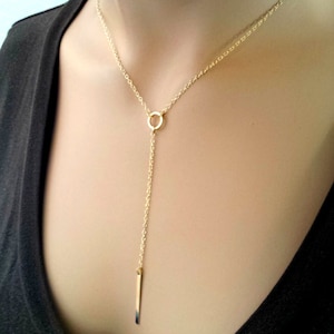 Gold BAR Necklace, Personalized Necklace, Lariat Necklace, Y Necklace, Pendant, Choker, Strand, Statement, Christmas GIFT for her image 1