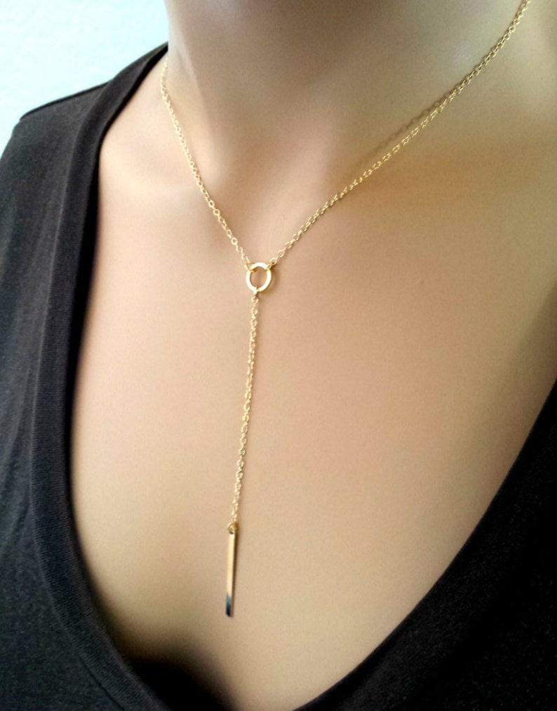 Gold BAR Necklace, Personalized Necklace, Lariat Necklace, Y Necklace, Pendant, Choker, Strand, Statement, Christmas GIFT for her image 1