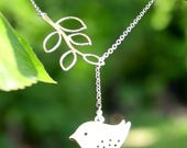 Brid charm Necklace, Leaf Necklace, Lariat Necklace - Bridal Wedding Bridesmaid Jewelry, Leaf Pendant Statement Necklace, Bridesmaid Gift