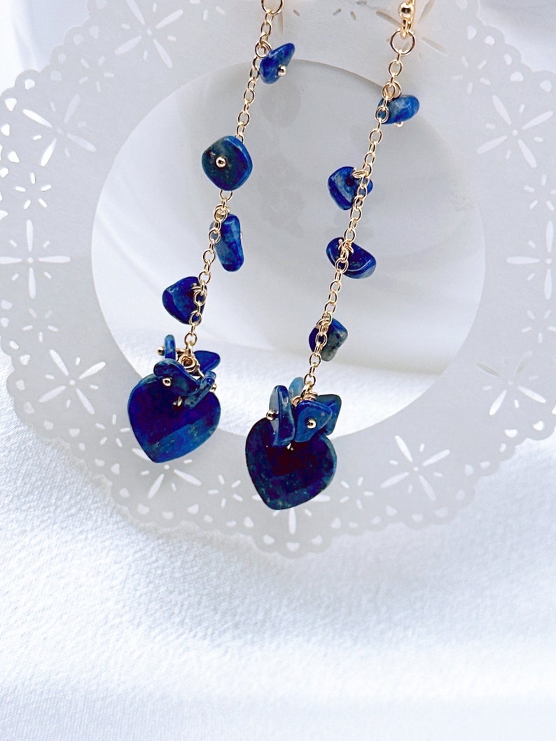 Lapis lazuli earrings Navy Blue Gold Dangle earrings Lapis Lazuli Jewelry Gift for Her Wedding gift Gold drop earrings Gold jewelry gift image 7