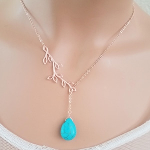 Turquoise Necklace: 14K Gold Jewelry turquoise Earrings, Leaf Bracelet, Family Tree necklaces Birthday gift image 3