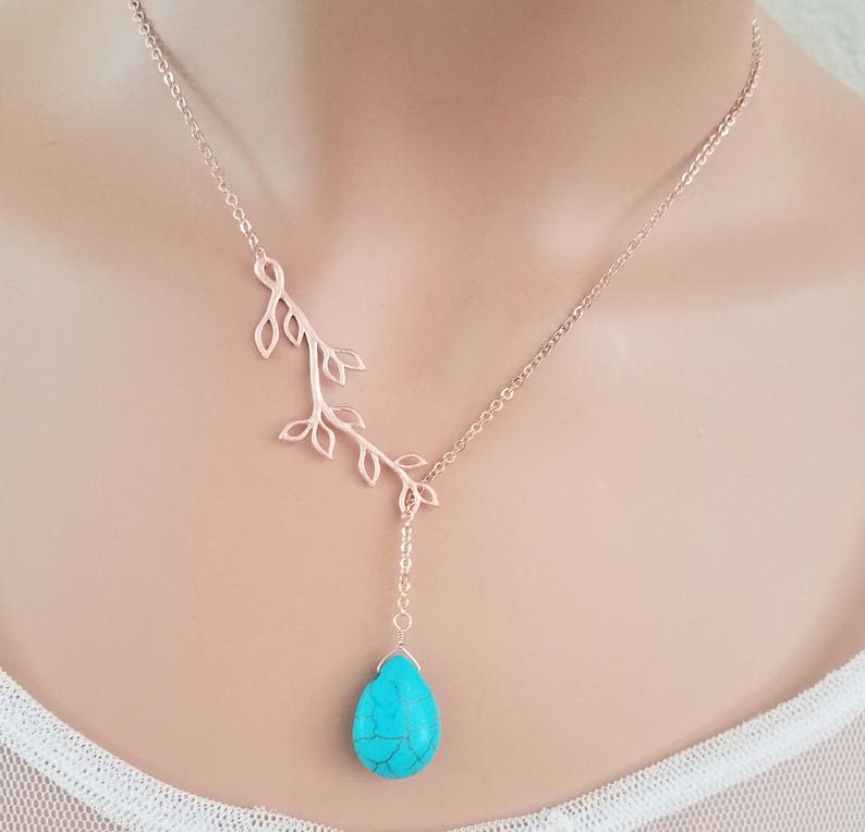 Turquoise Necklace: 14K Gold Jewelry turquoise Earrings, Leaf Bracelet, Family Tree necklaces Birthday gift image 3