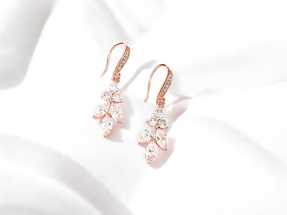 Rose Gold Art Deco Earrings: Crystal Leaf Dangle, Bridesmaid Jewelry