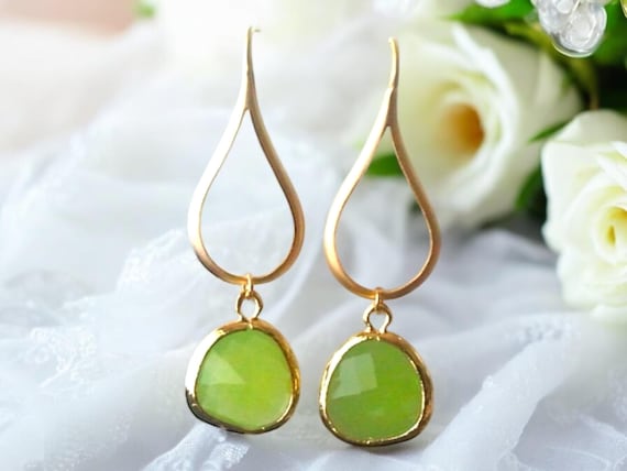 Gold Peridot Opal Dangle Earrings: Bridesmaid Jewelry